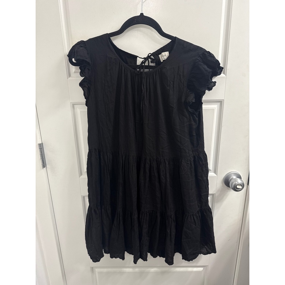 Wilfred Aritzia Black Tiered Babydoll Mini Dress Ruffle Sleeve Tie Back XS